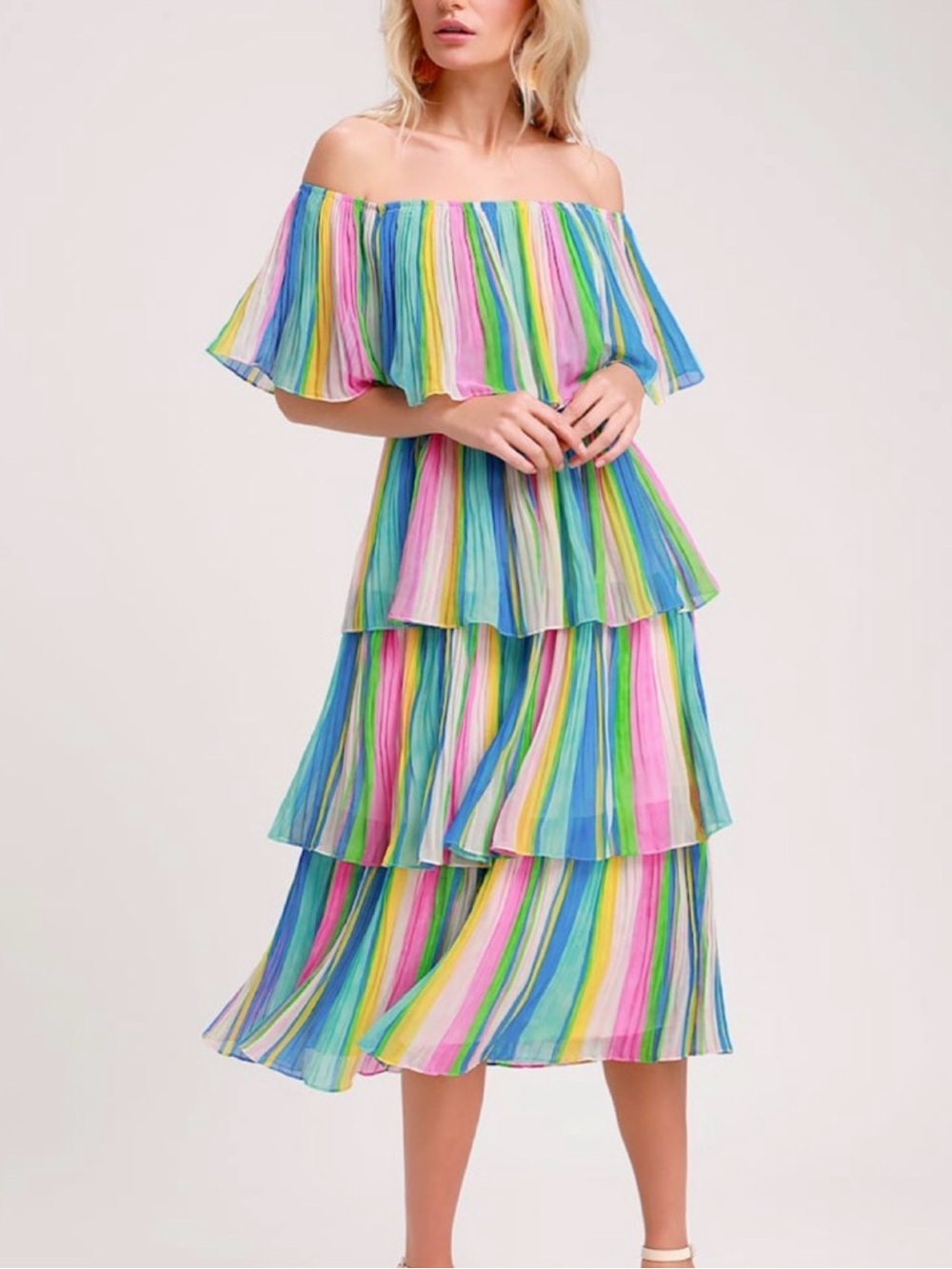 Lulus Georgette Stripe Ruffle Midi Dress